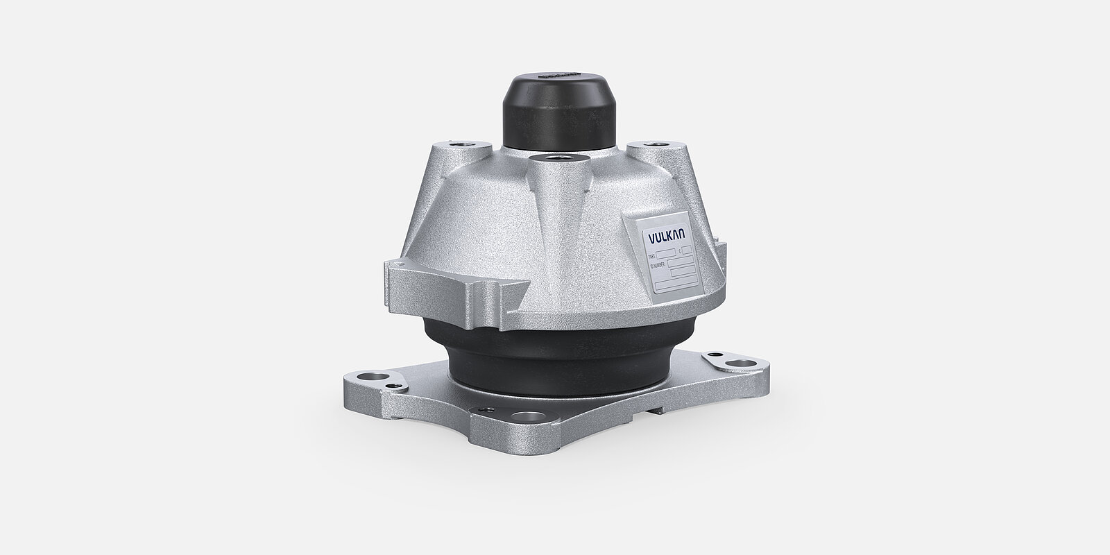 Ein mechanisches Bauteil mit einem silbernen Metallgehäuse und einem schwarzen zylindrischen oberen Teil. Die Basis des Bauteils ist ebenfalls metallisch und hat vier Befestigungslöcher an den Ecken. Auf der Seite des silbernen Gehäuses befindet sich ein Etikett mit der Aufschrift "VULKAN".