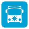 Blaues Quadrat mit abgerundeten Ecken, darin ein weißes Bussymbol mit Schneeflocke auf der Front.